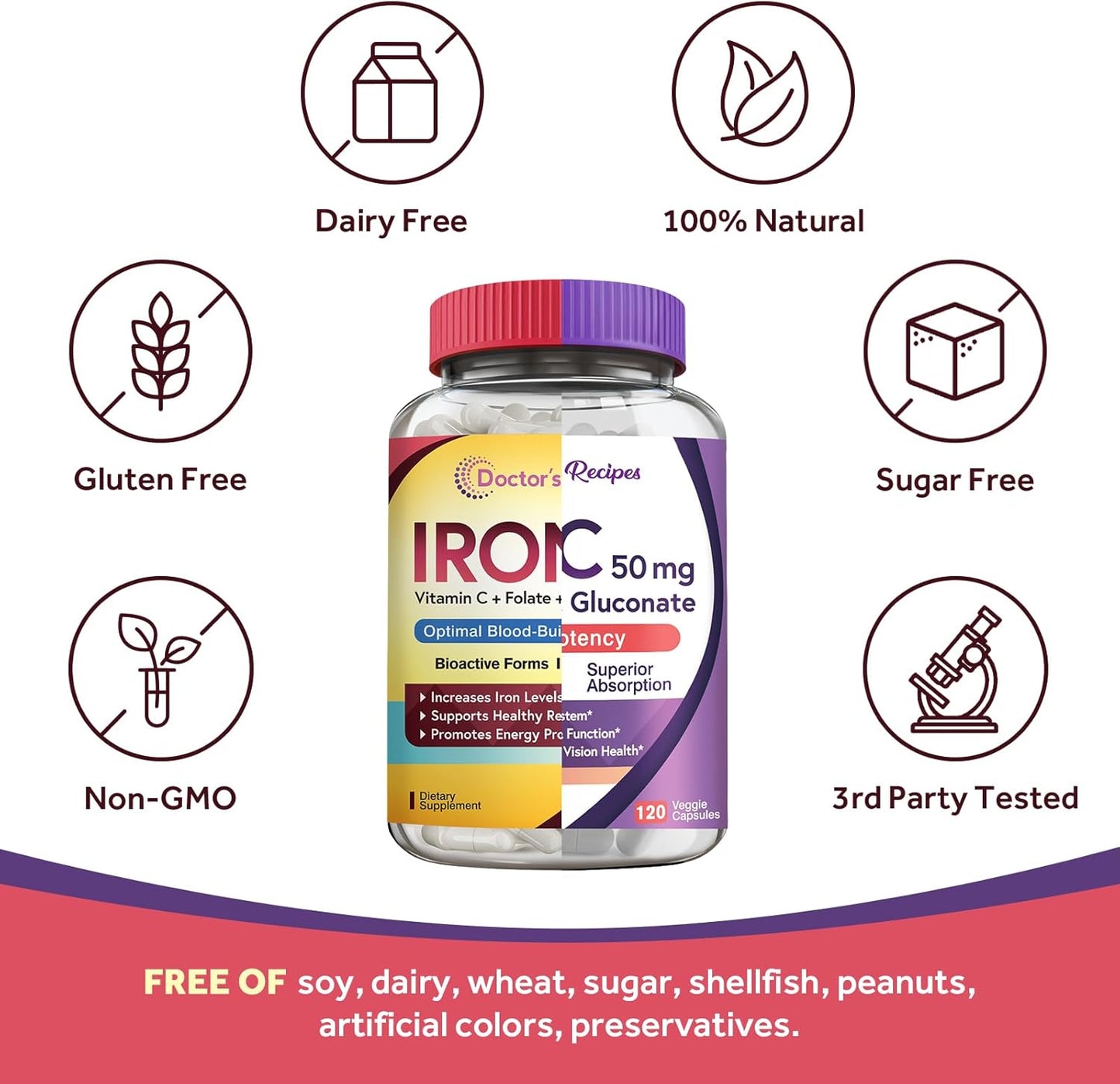Iron and Zinc Bundle for Energy, Blood Support, and Immune Health - Doctor's Recipes for Men & Women, High Absorption, Non-GMO