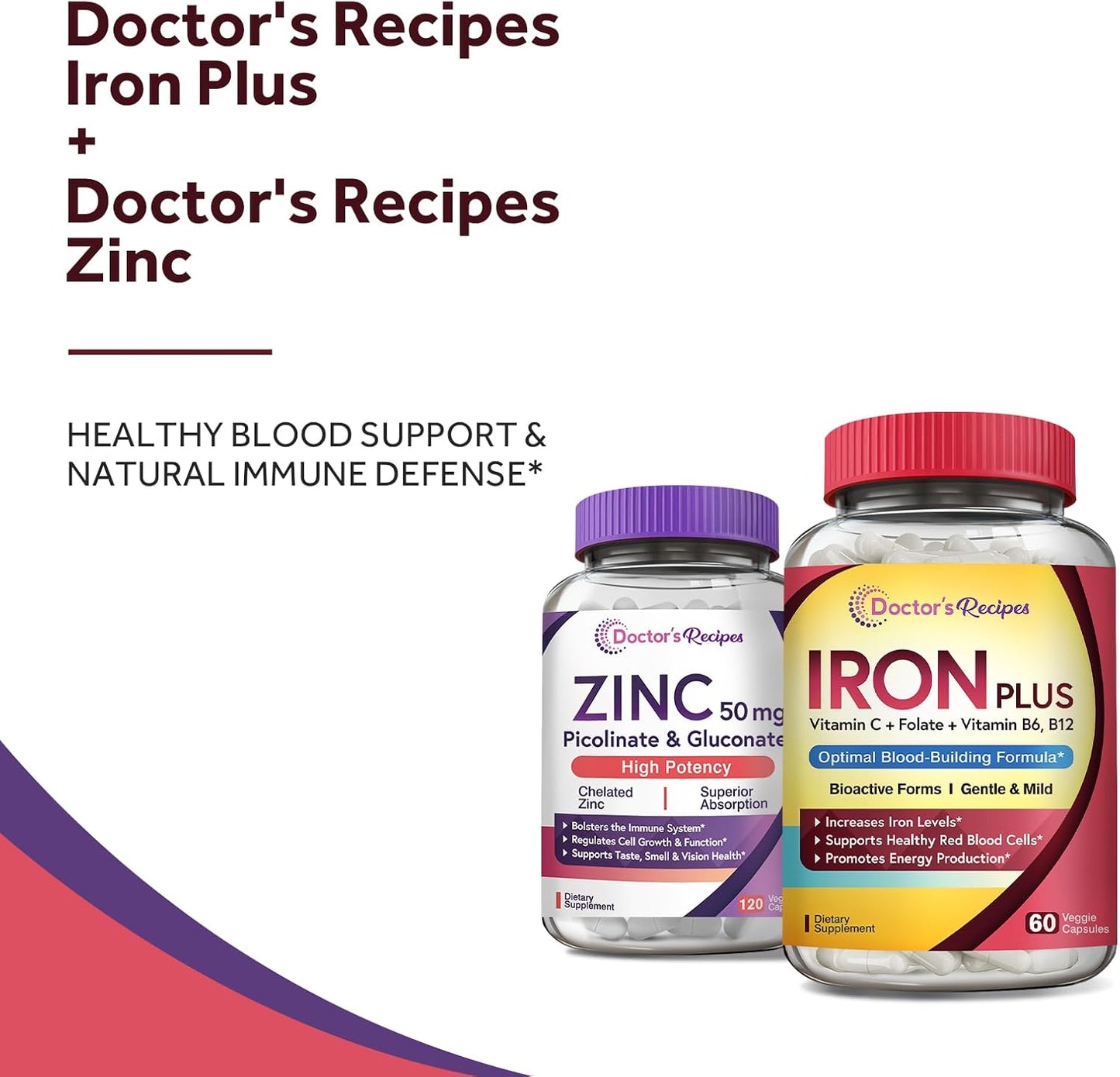 Iron and Zinc Bundle for Energy, Blood Support, and Immune Health - Doctor's Recipes for Men & Women, High Absorption, Non-GMO