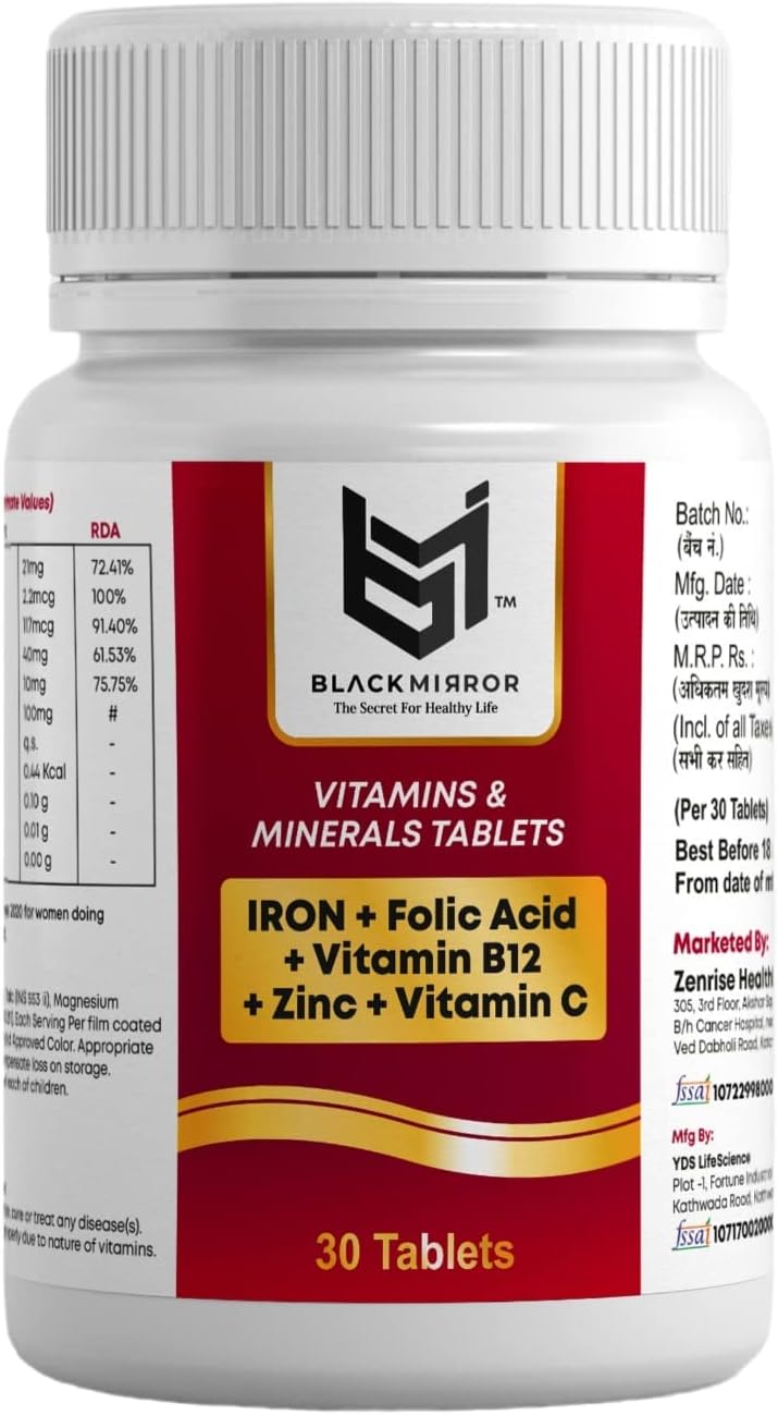 Iron, B12, Folic Acid, Vitamin C Supplement for Energy, Stamina, Immunity - 30 Count Pack