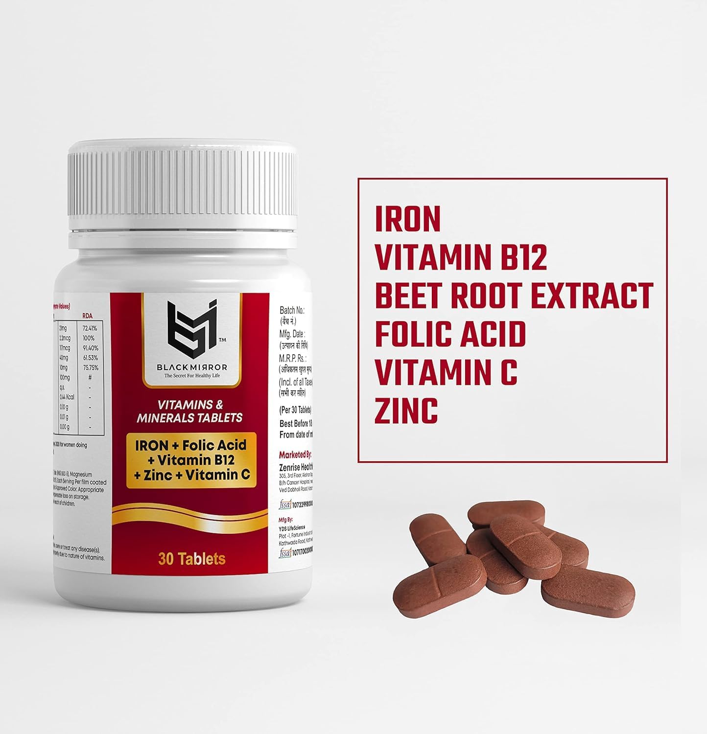 Iron, B12, Folic Acid, Vitamin C Supplement for Energy, Stamina, Immunity - 30 Count Pack