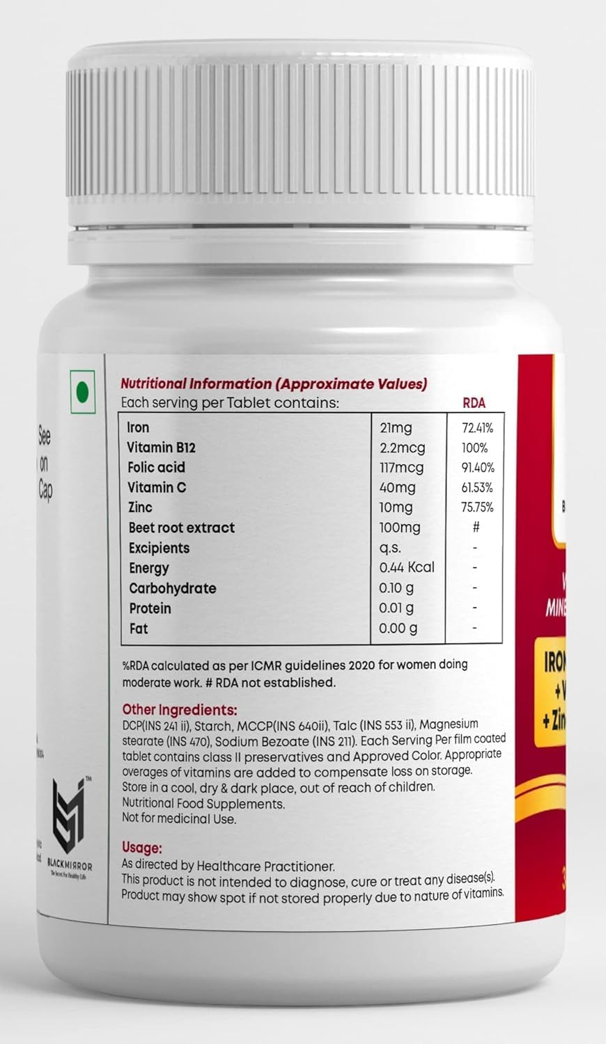 Iron, B12, Folic Acid, Vitamin C Supplement for Energy, Stamina, Immunity - 30 Count Pack