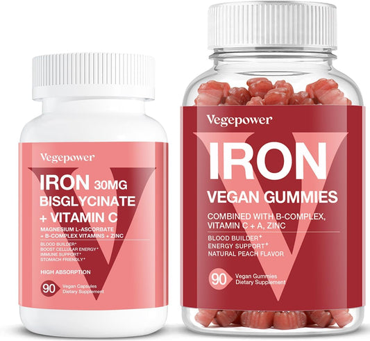 Iron Bisglycinate 30MG & VEGEPOWER Vegan Iron Gummies | Blood Builder Support for Adults & Kids - 180 Count