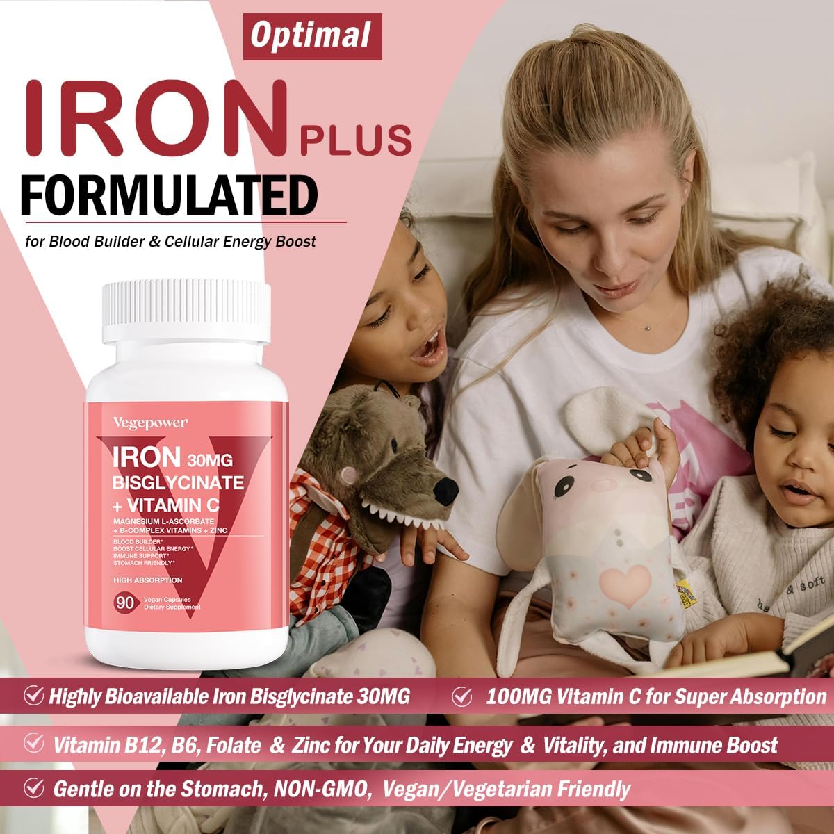 Iron Bisglycinate 30MG & VEGEPOWER Vegan Iron Gummies | Blood Builder Support for Adults & Kids - 180 Count