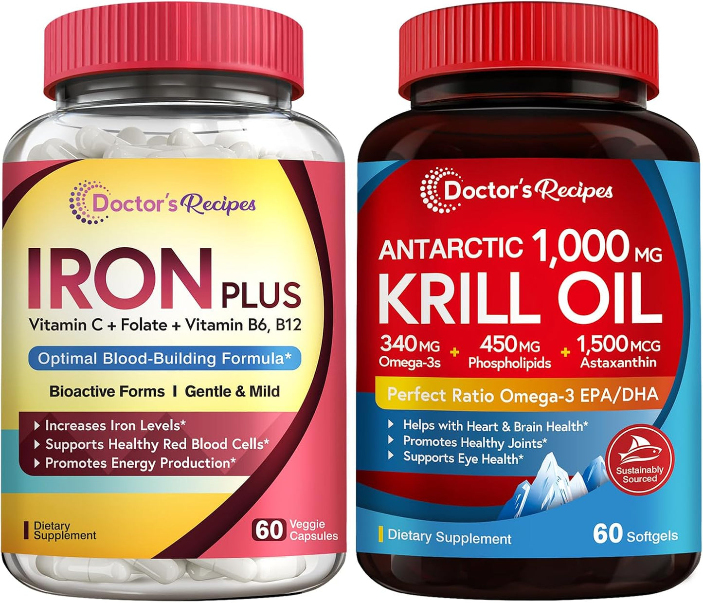 Iron Bisglycinate & Krill Oil Bundle for Blood, Energy, Joint, Brain, and Eye Health Support - Gluten-Free with Probiotics - 60 Capsules & 60 Softgels