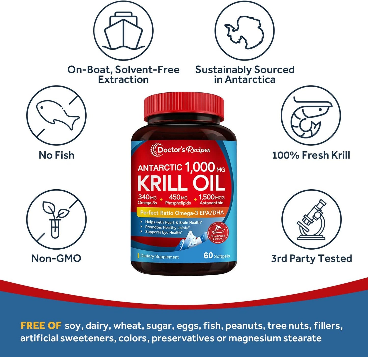 Iron Bisglycinate & Krill Oil Bundle for Blood, Energy, Joint, Brain, and Eye Health Support - Gluten-Free with Probiotics - 60 Capsules & 60 Softgels