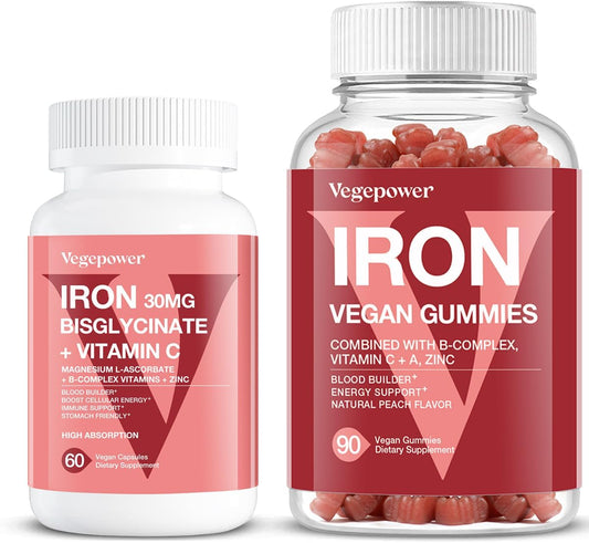 Iron Bisglycinate Vegan Gummies 90+60 Count for Energy & Blood Support - Vegan Iron Supplement for Adults & Kids