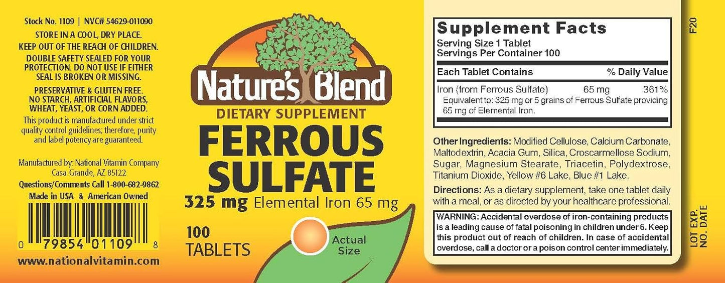 Iron Ferrous Sulfate 325mg Tablets - Assorted Flavors - 100 Count Pack by Nature's Blend