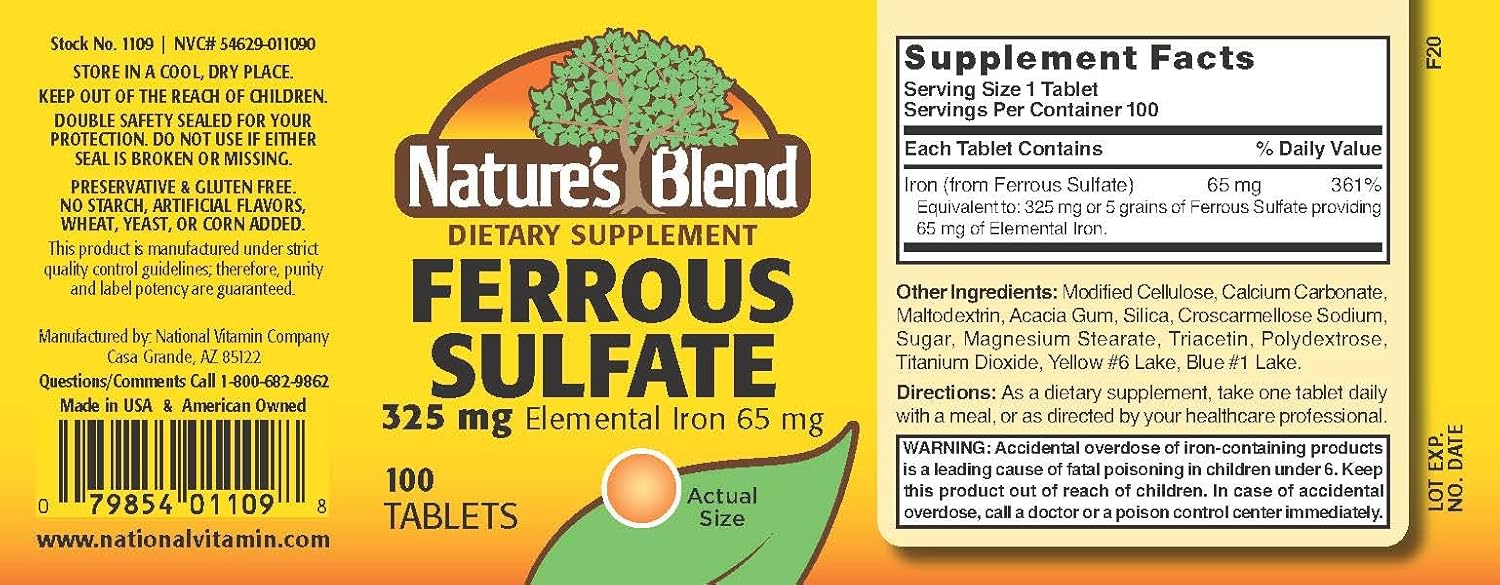 Iron Ferrous Sulfate 325mg Tablets - Assorted Flavors - 100 Count Pack by Nature's Blend