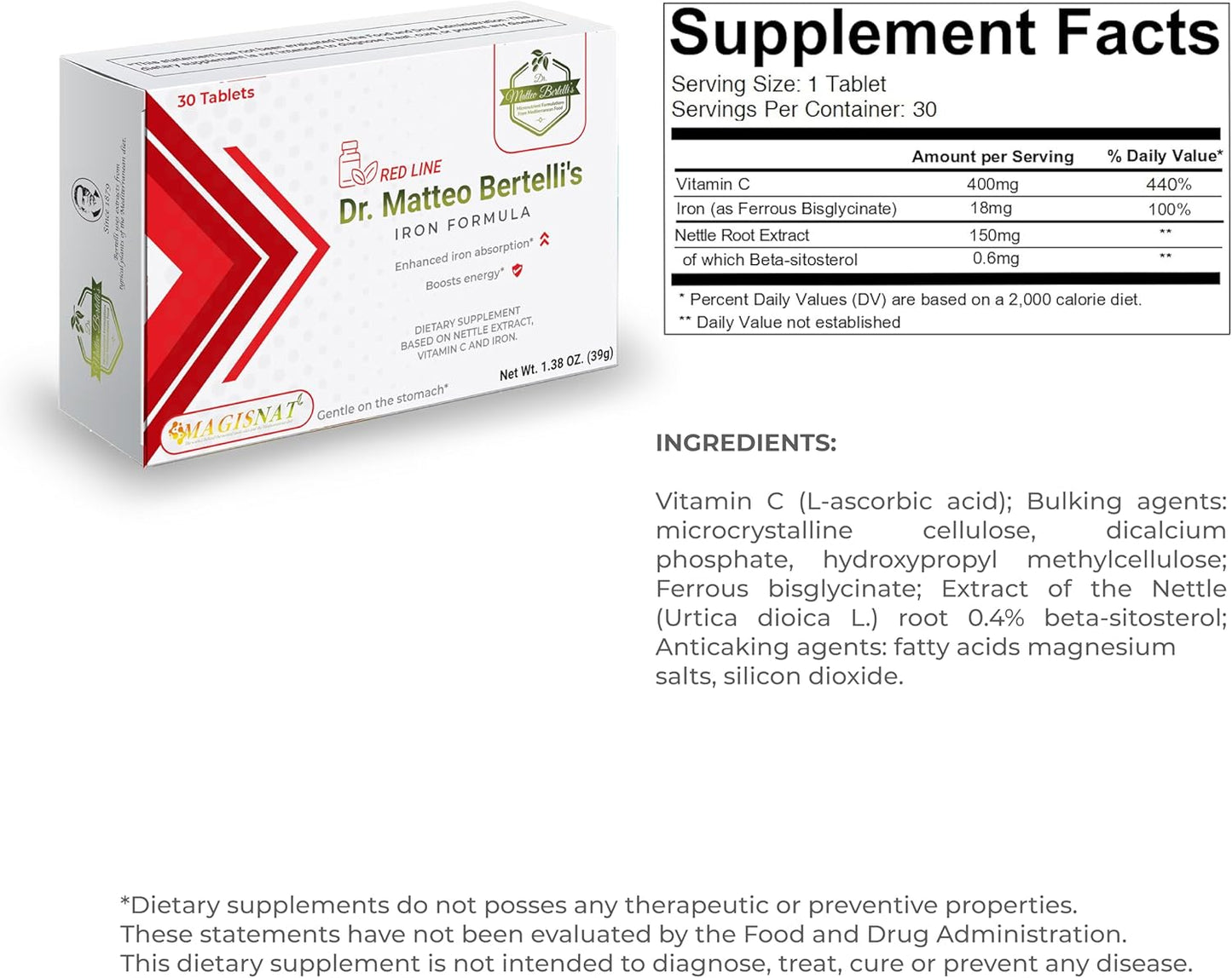 Iron Formula by Dr. Matteo Bertelli - Supports Iron Levels with Nettle Extract, Vitamin C - 30 Tablets