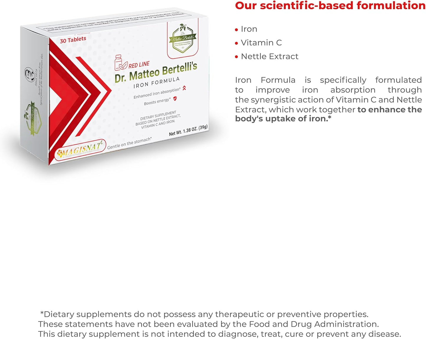 Iron Formula by Dr. Matteo Bertelli - Supports Iron Levels with Nettle Extract, Vitamin C - 30 Tablets