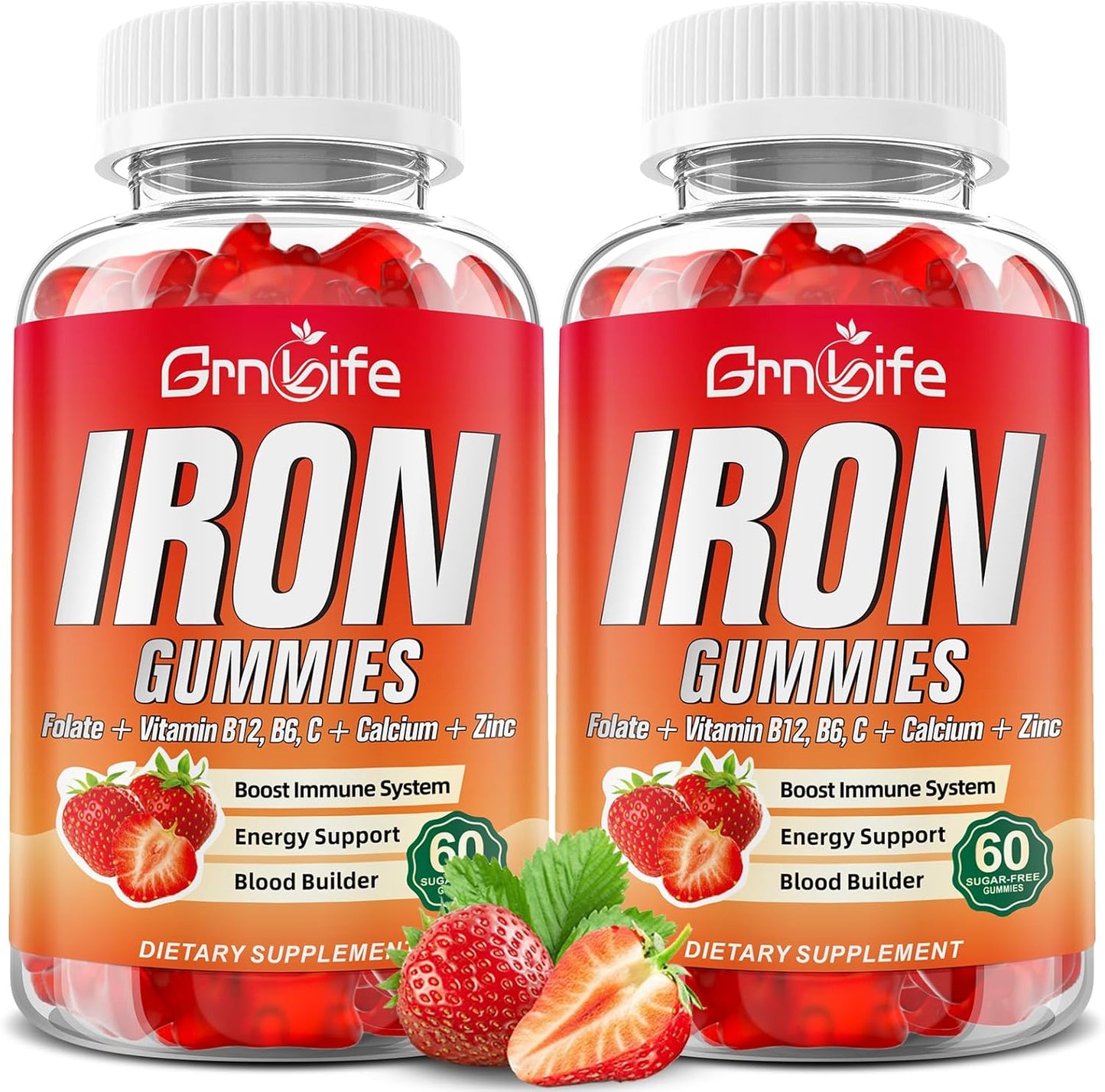 Iron Gummies for Women, Men & Kids - Sugar Free Supplement with Calcium, Zinc, Folate & B12, 120 Count