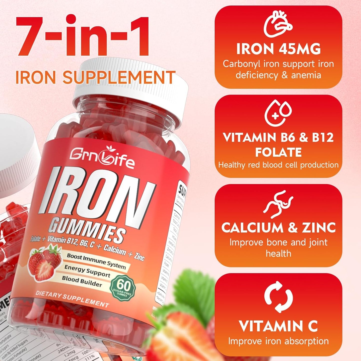 Iron Gummies for Women, Men & Kids - Sugar Free Supplement with Calcium, Zinc, Folate & B12, 120 Count