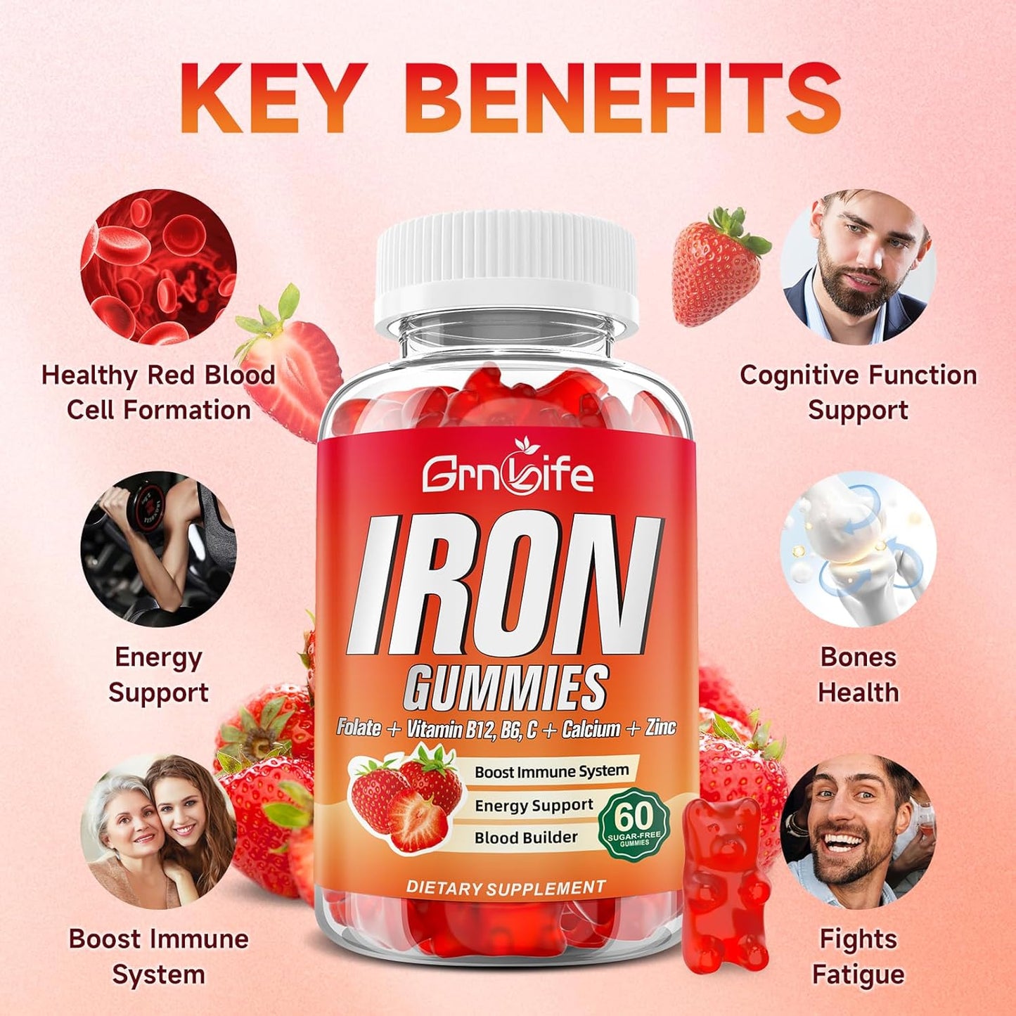 Iron Gummies for Women, Men & Kids - Sugar Free Supplement with Calcium, Zinc, Folate & B12, 120 Count
