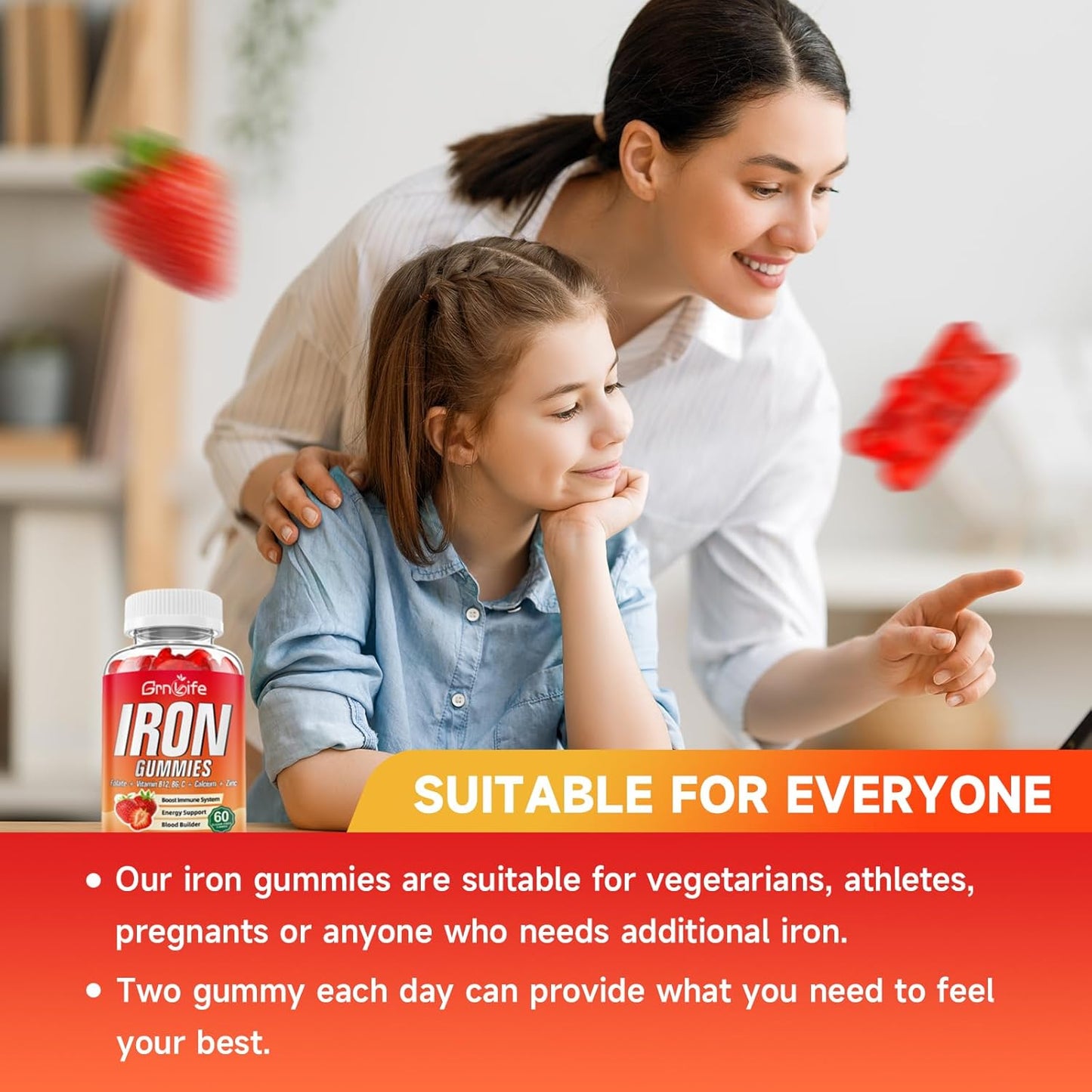 Iron Gummies for Women, Men & Kids - Sugar Free Supplement with Calcium, Zinc, Folate & B12, 120 Count