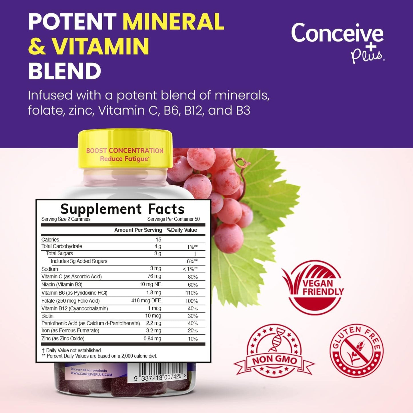 Iron Gummies for Women with Biotin & Vitamin C - Chewable Grape Flavor, 100 Count