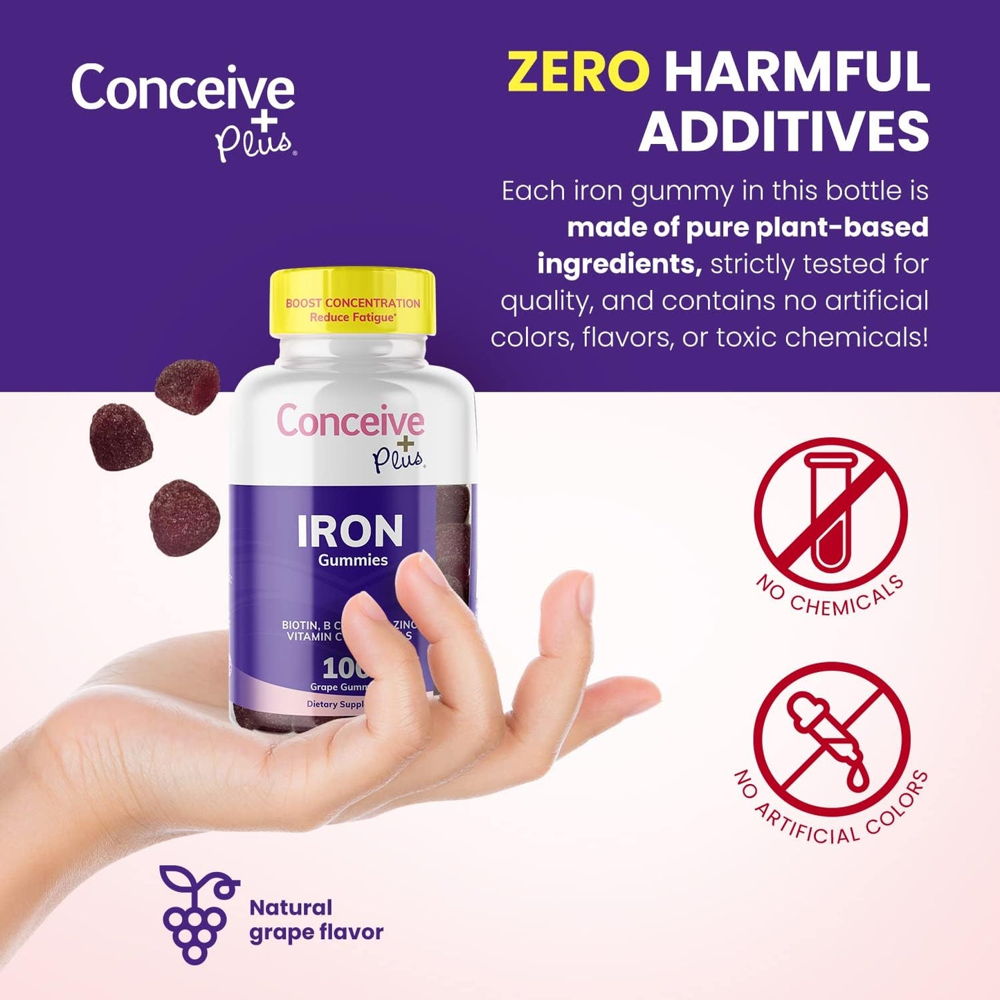 Iron Gummies for Women with Biotin & Vitamin C - Chewable Grape Flavor, 100 Count