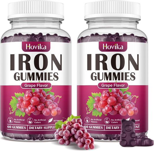 Iron Gummies Supplement (2 Pack) for Anemia with Vitamin C, B12, Folate - Blood Builder and Energy Support for Iron Deficiency - Grape Flavor, Vegan - 120 Gummies