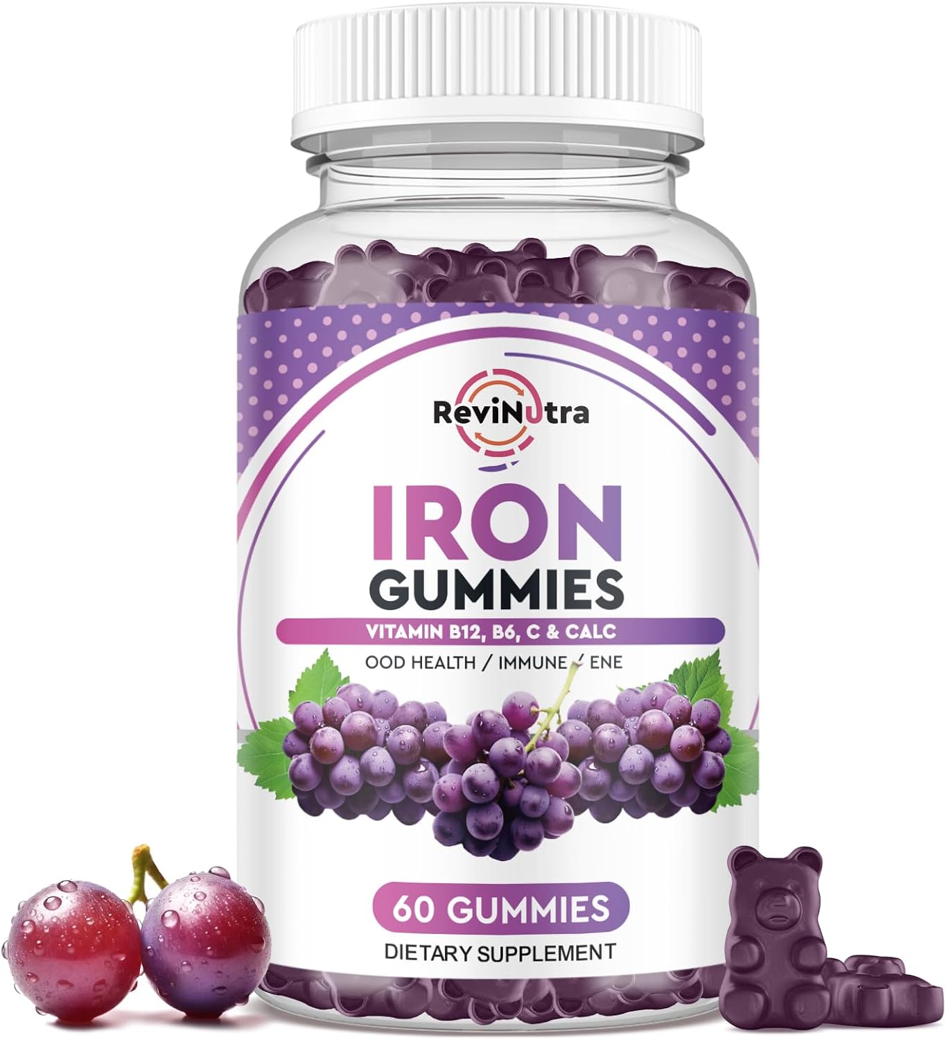 Iron Gummies with Calcium, Zinc, Folate, Vitamin B12, C, B6 - Blood Builder & Energy Support - Vegan - Grape Flavour - 60 Gummies