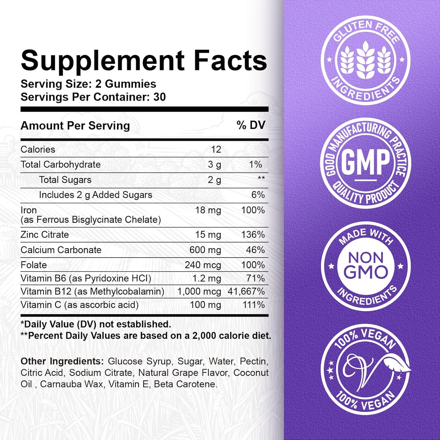 Iron Gummies with Calcium, Zinc, Folate, Vitamin B12, C, B6 - Blood Builder & Energy Support - Vegan - Grape Flavour - 60 Gummies