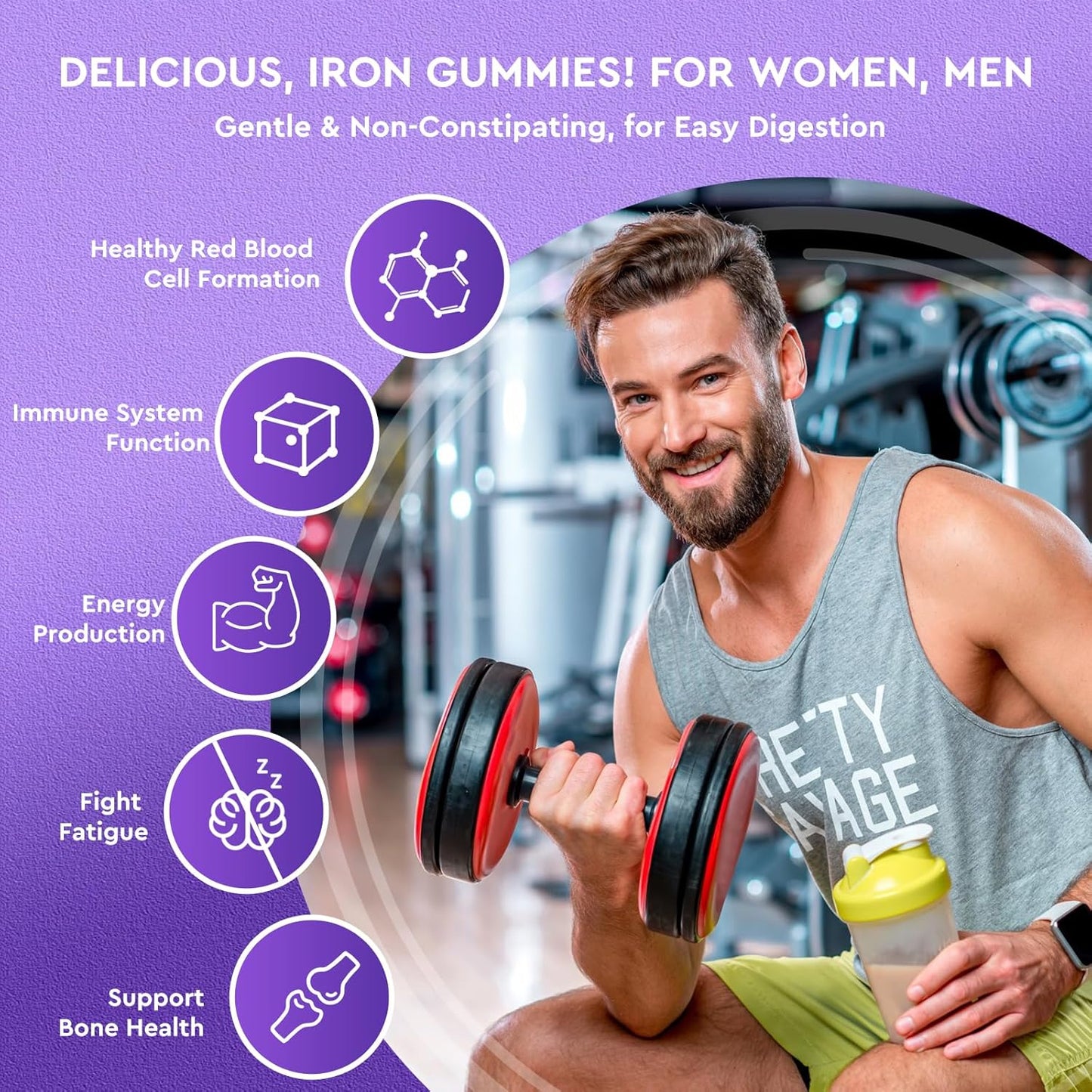 Iron Gummies with Calcium, Zinc, Folate, Vitamin B12, C, B6 - Blood Builder & Energy Support - Vegan - Grape Flavour - 60 Gummies