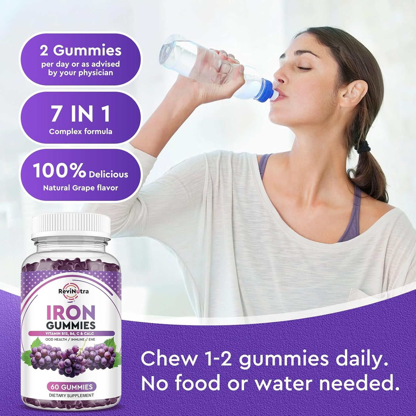 Iron Gummies with Calcium, Zinc, Folate, Vitamin B12, C, B6 - Blood Builder & Energy Support - Vegan - Grape Flavour - 60 Gummies
