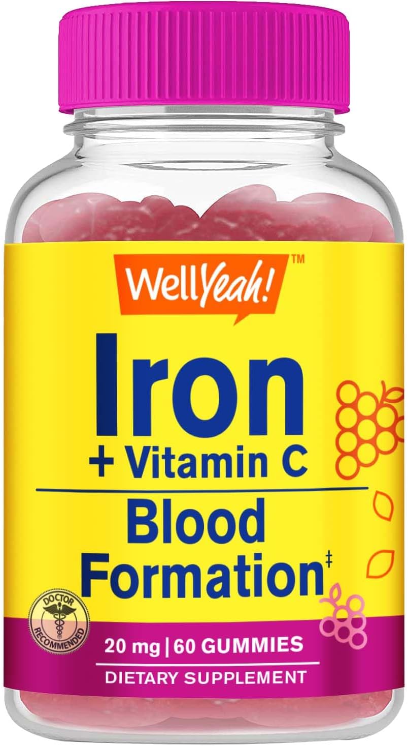 Iron Gummies with Vitamin C for Anemia & Energy Support - Promotes Red Blood Cell Formation - Immune System Boost - Natural Grape Flavor - 60 Gummies