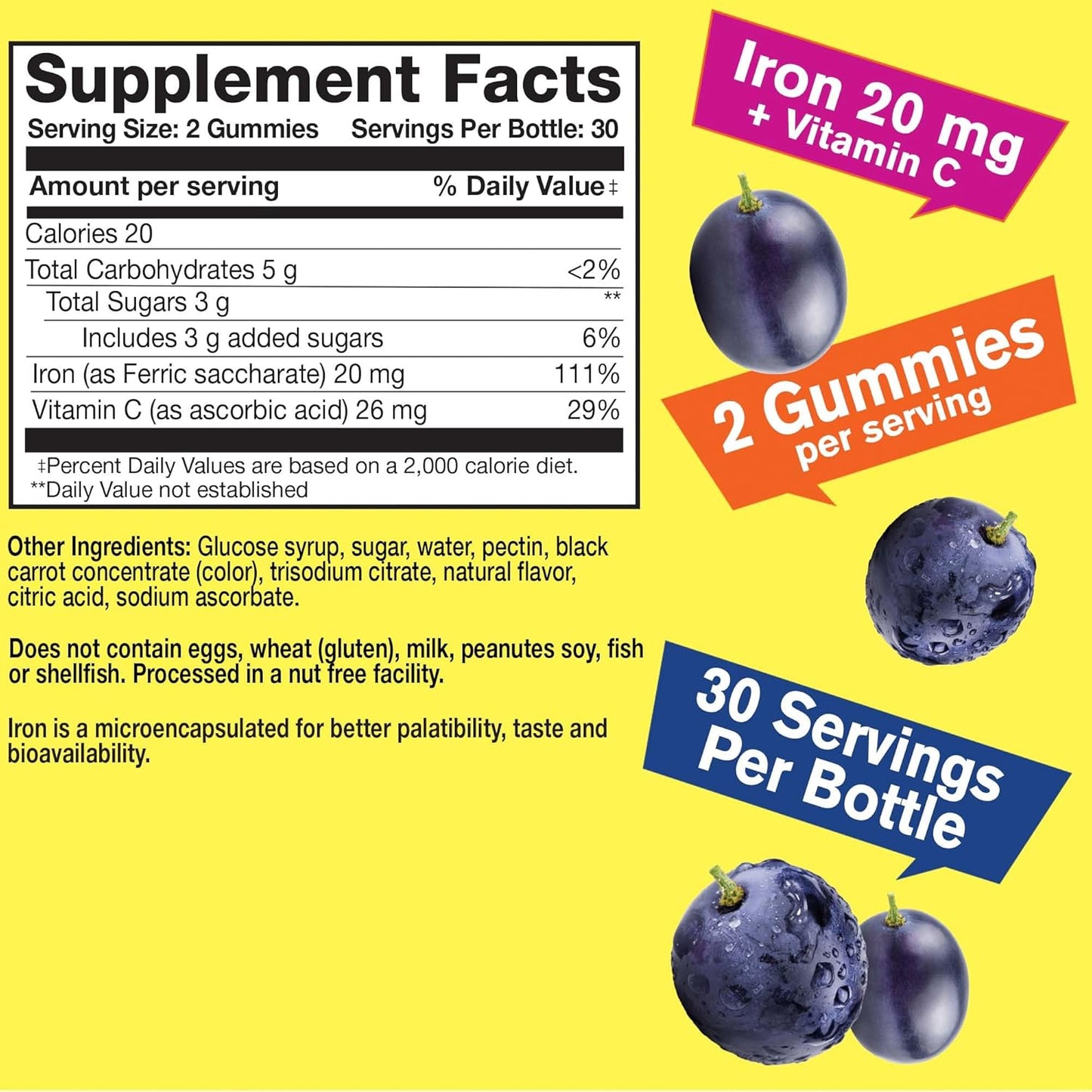 Iron Gummies with Vitamin C for Anemia & Energy Support - Promotes Red Blood Cell Formation - Immune System Boost - Natural Grape Flavor - 60 Gummies