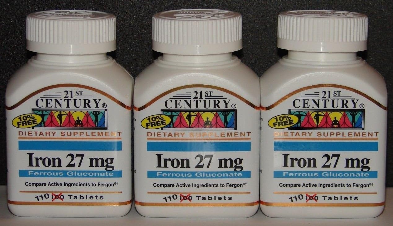 Iron Supplement 27mg Ferrous Gluconate Tablets - 100 Count Bottle, Comparable to Fergon - Pack of 3