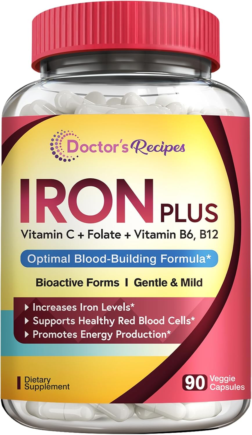 Iron Supplement for Women and Men - Gentle Iron Bisglycinate with Vitamin C, B6, Folate, and B12 - Non-Constipating & Stomach Friendly - 90 Vegan Capsules for Blood & Energy Support by Doctor's Recipes