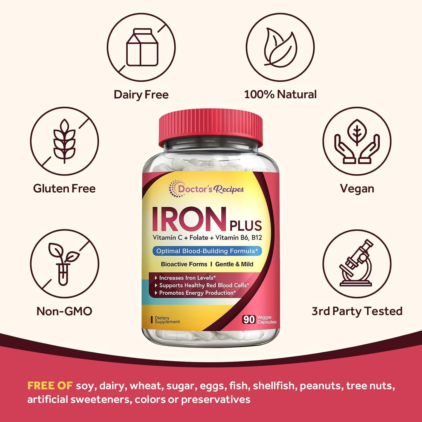 Iron Supplement for Women and Men - Gentle Iron Bisglycinate with Vitamin C, B6, Folate, and B12 - Non-Constipating & Stomach Friendly - 90 Vegan Capsules for Blood & Energy Support by Doctor's Recipes