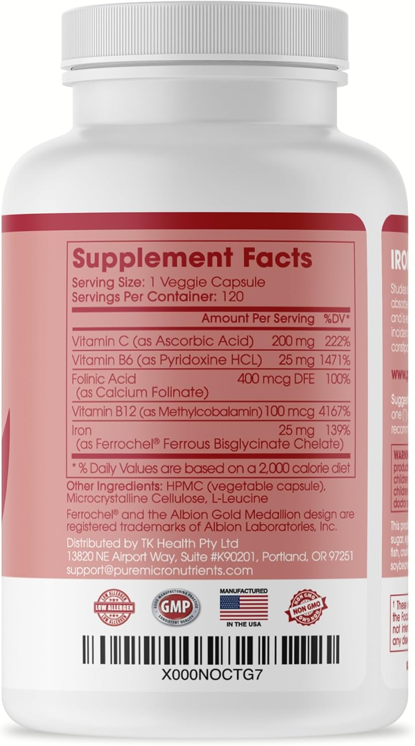 IronPills with Vitamin C, B6, B12, Folic Acid - 25mg Iron Supplement for Energy Support - 120 Count - Women & Men's Natural Ferrous Chelate Bisglycinate for Anemia & Deficiency - Pure Micronutrients