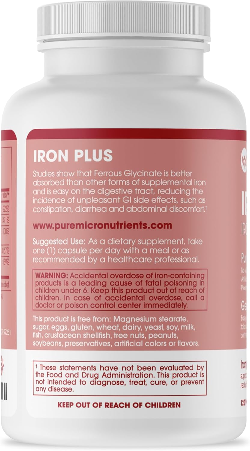 IronPills with Vitamin C, B6, B12, Folic Acid - 25mg Iron Supplement for Energy Support - 120 Count - Women & Men's Natural Ferrous Chelate Bisglycinate for Anemia & Deficiency - Pure Micronutrients