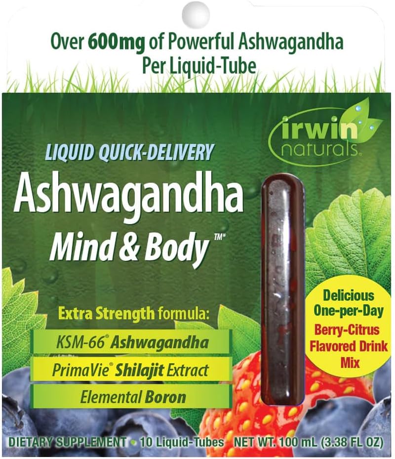 Irwin Naturals Ashwagandha Liquid Tubes for Mind & Body - Berry-Citrus Flavored Drink Mix - Boosts Physical & Mental Performance - One-Per-Day Formula