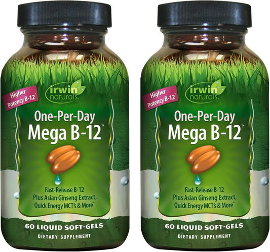 Irwin Naturals Mega B-12 1,500mcg Methylcobalamin Vitamin Softgels - High Potency Fast Absorption - Energy Boost with MCT & Ginseng - 120 Softgels