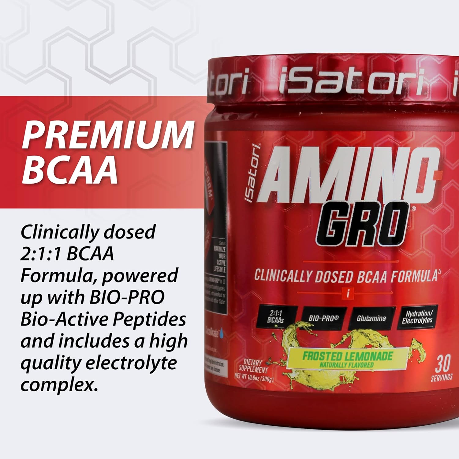 iSatori Amino-GRO BCAA Powder with Glutamine & Bio-Active Peptides for Muscle Growth, Frosted Lemonade - 30 Servings