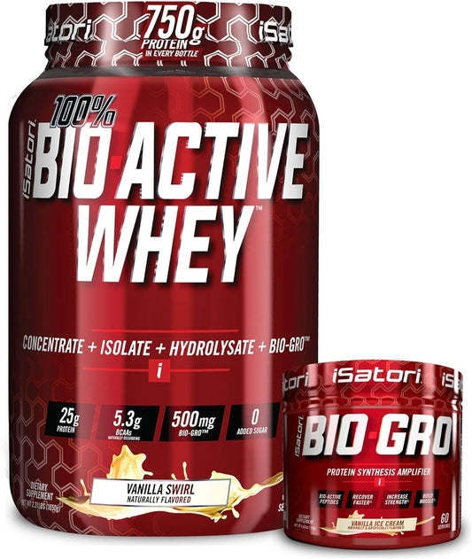 iSatori Bio-GRO and Bio-Active Whey Protein Powder Bundle - Vanilla Ice Cream and Vanilla Swirl - 90 Servings