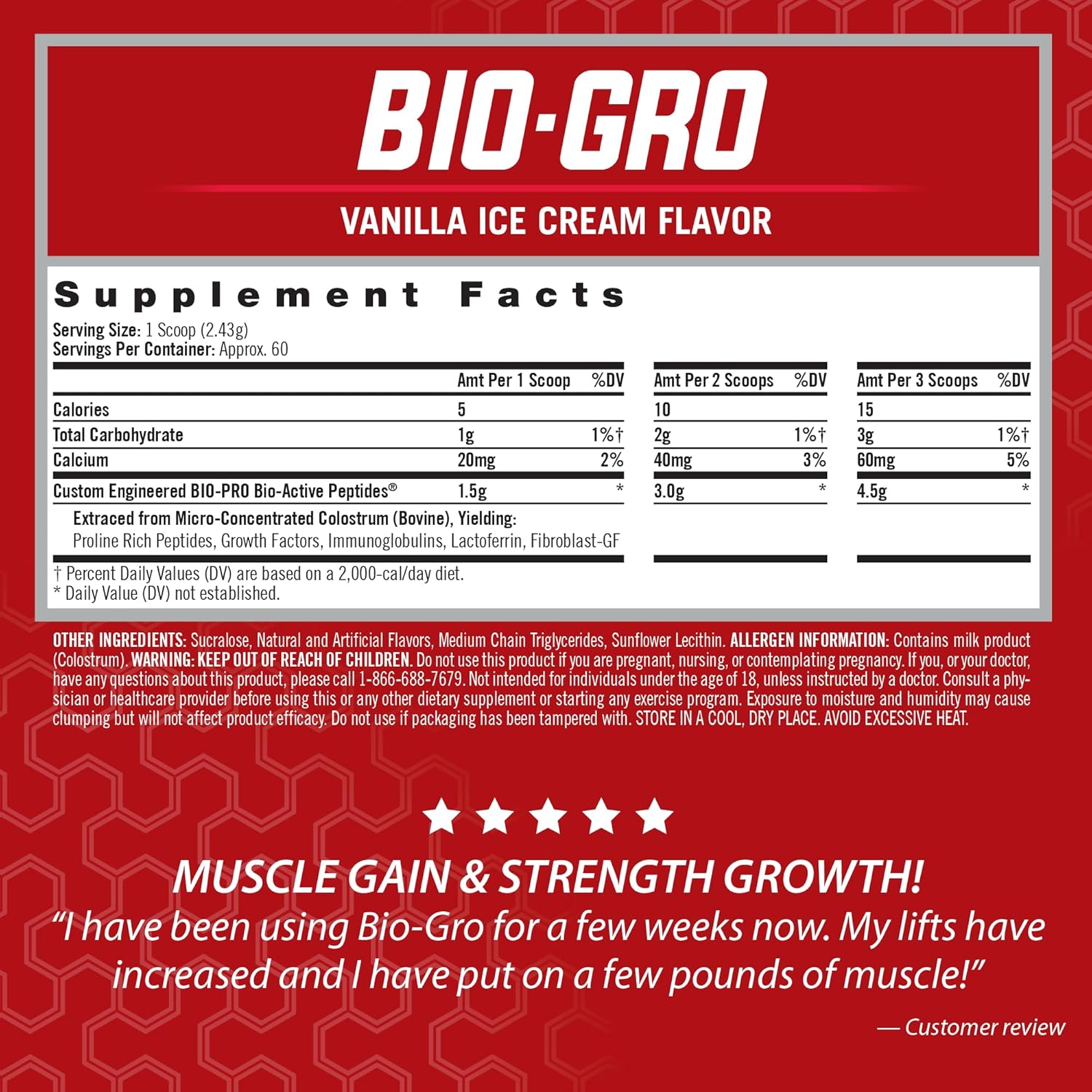 iSatori BIO-GRO Muscle Recovery & Growth Protein Amplifier - Vanilla Ice Cream Flavor, Stimulant-Free Pre-Workout with Colostrum Supplement - 60 Servings