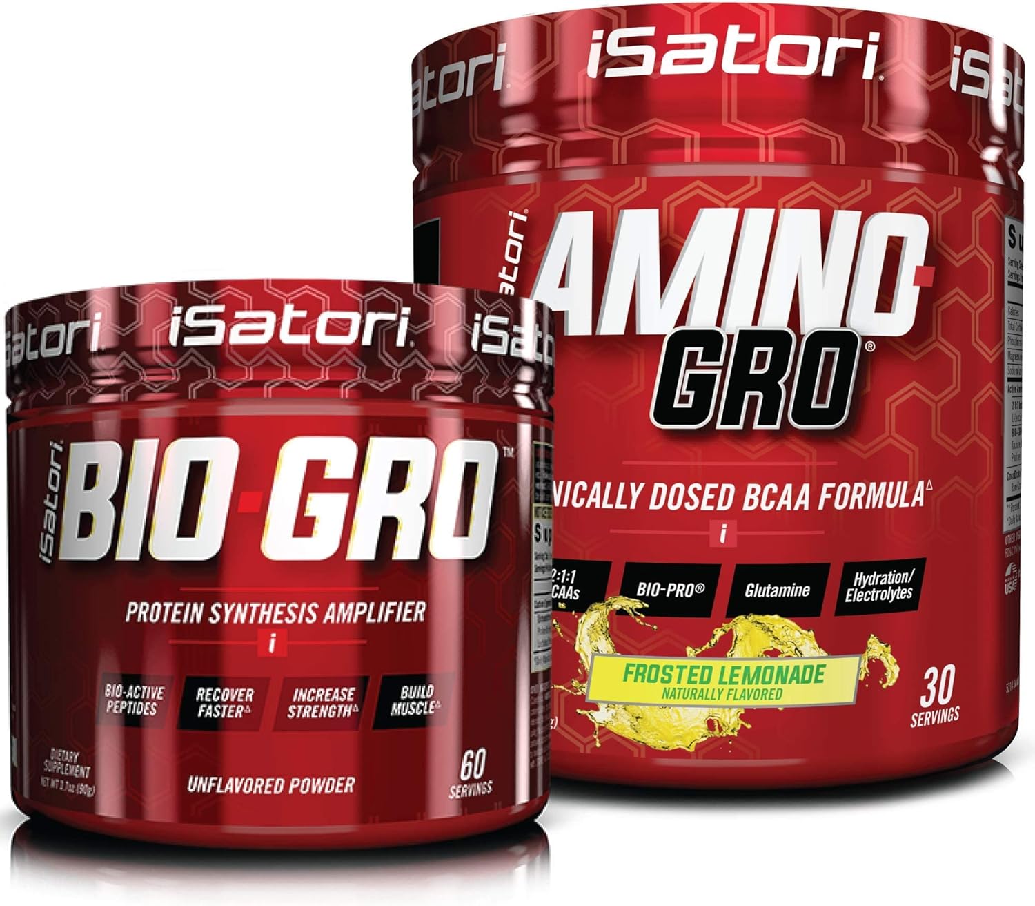 iSatori Bio-GRO Protein Synthesis Amplifier & Amino-GRO BCAA Powder Bundle - Unflavored & Frosted Lemonade (90 Servings)