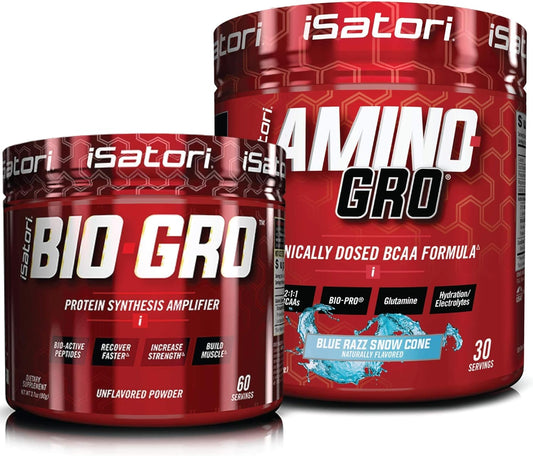 iSatori Bio-GRO Protein Synthesis Amplifier & Amino-GRO BCAA Powder Bundle - Unflavored and Blue Razz Snow Cone (90 Servings)