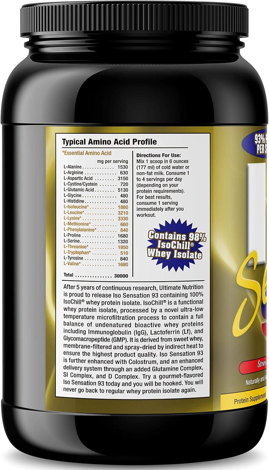 ISO Sensation 93 Strawberry Whey Protein Isolate Powder with Colostrum - Enhanced Recovery, Immunity, Gut Health - 2lbs