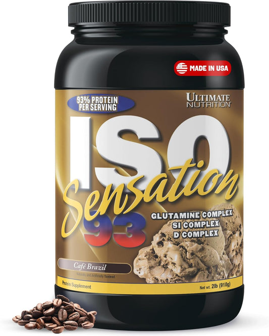 ISO Sensation 93 Whey Protein Isolate Powder with Colostrum & Glutamine Complex - Cafe Brazil Flavor, 2lbs - Boost Recovery & Immunity