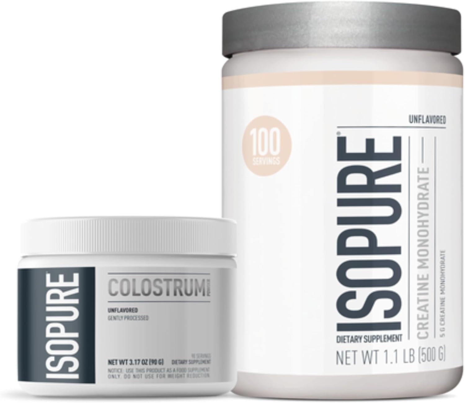 Isopure Bundle: Bovine Colostrum & Creatine Monohydrate Powder, 90 Servings + 100 Servings, 500g Total