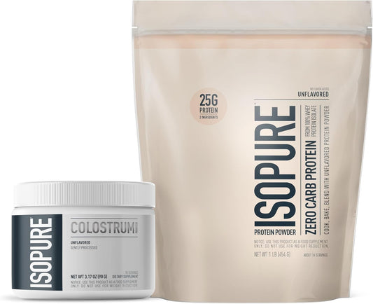 Isopure Bundle: Bovine Colostrum Powder & Unflavored Whey Isolate Protein - 90 Servings & 25g Protein - Zero Carb - 1lb Pack