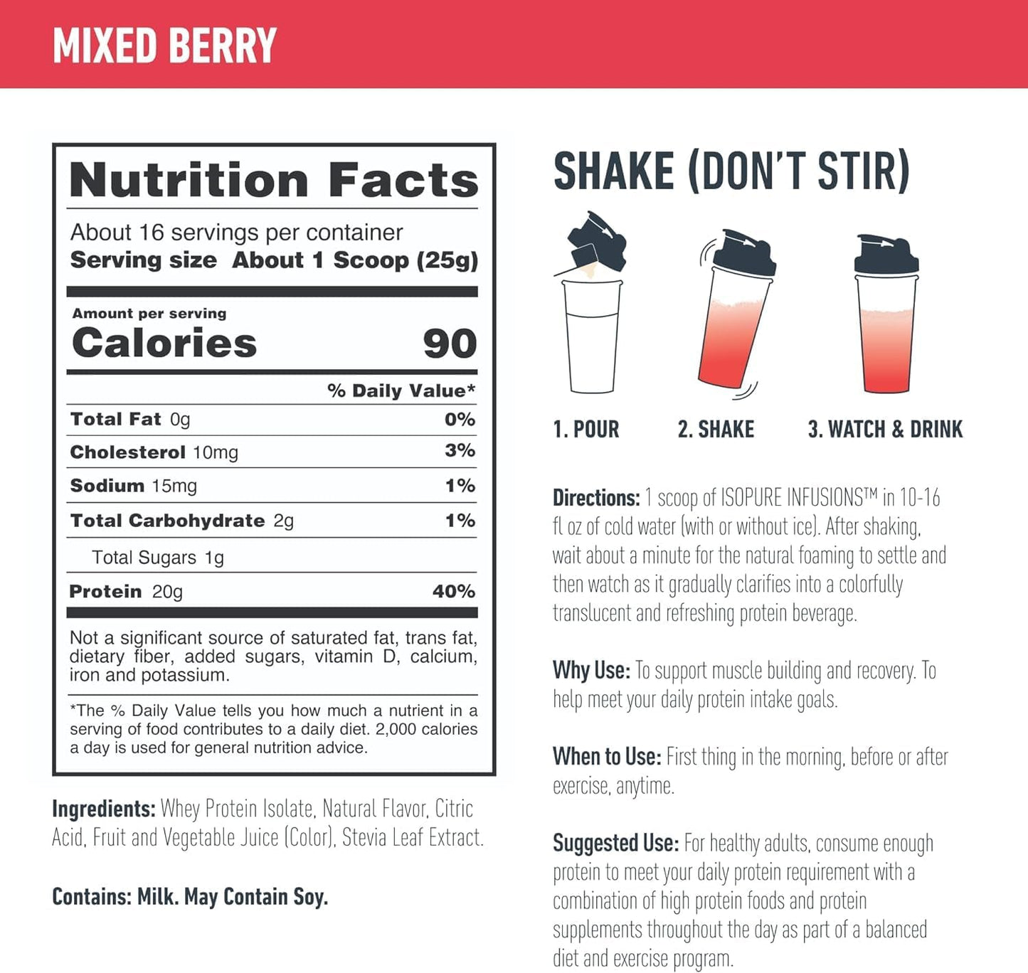 Isopure Clear Whey Isolate Protein Powder - Mixed Berry Flavor, 20g Protein, 14.1 Oz, 16 Servings, Lactose & Gluten Free