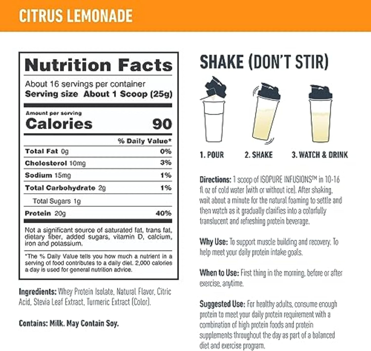 Isopure Clear Whey Isolate Protein Powder Infusions, Citrus Lemonade Flavor, 20g Protein, 14.1 Oz, 16 Servings