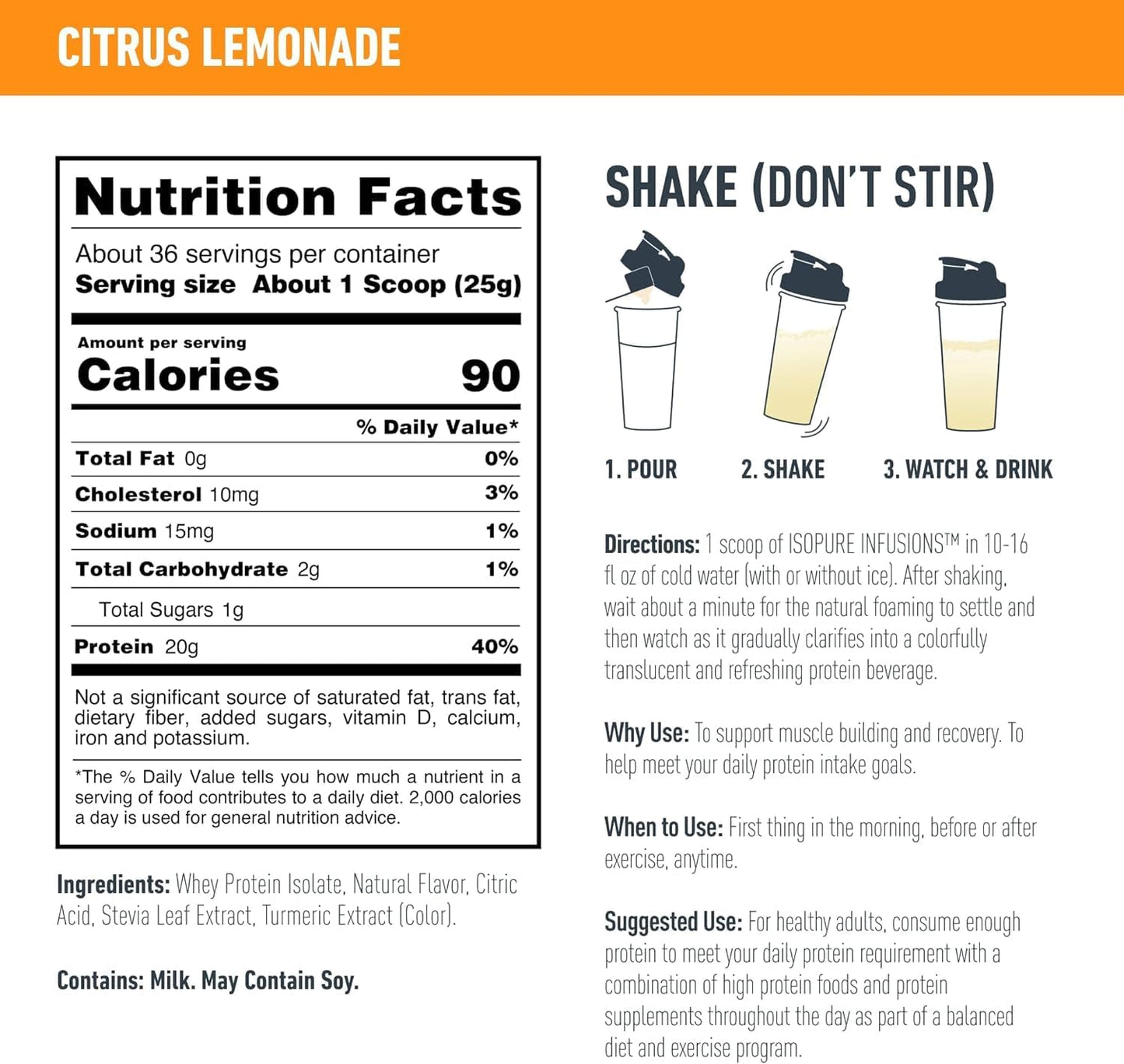 Isopure Clear Whey Isolate Protein Powder Infusions - Citrus Lemonade Flavor - 1.9 Lb, 36 Servings, 20g Protein - Lactose & Gluten Free