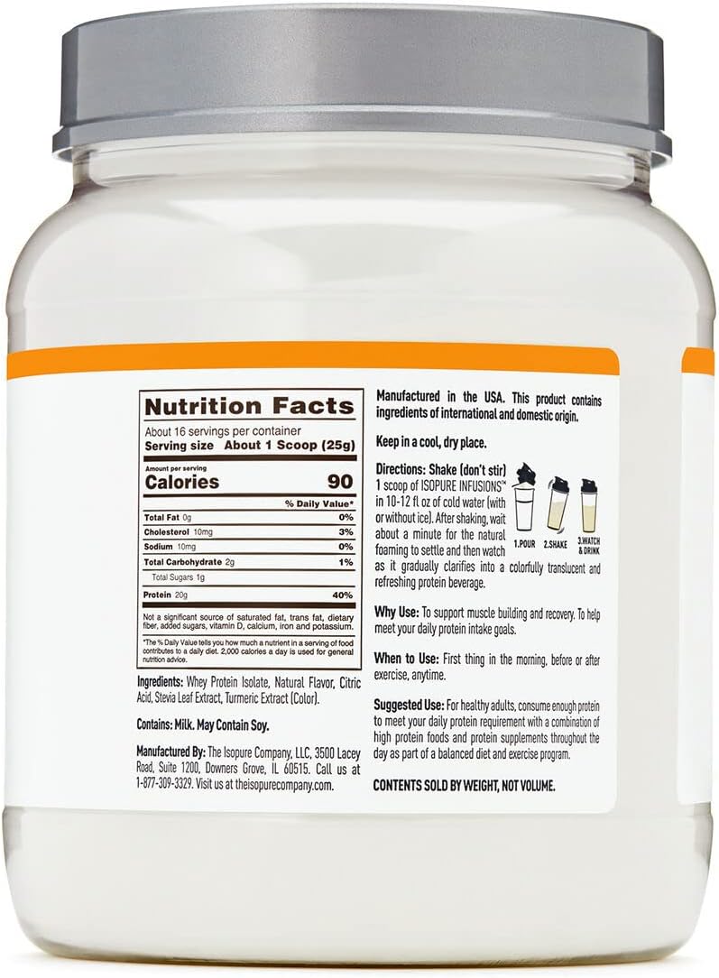 Isopure Clear Whey Isolate Protein Powder Infusions, Citrus Lemonade Flavor, 20g Protein, 14.1 Oz, 16 Servings