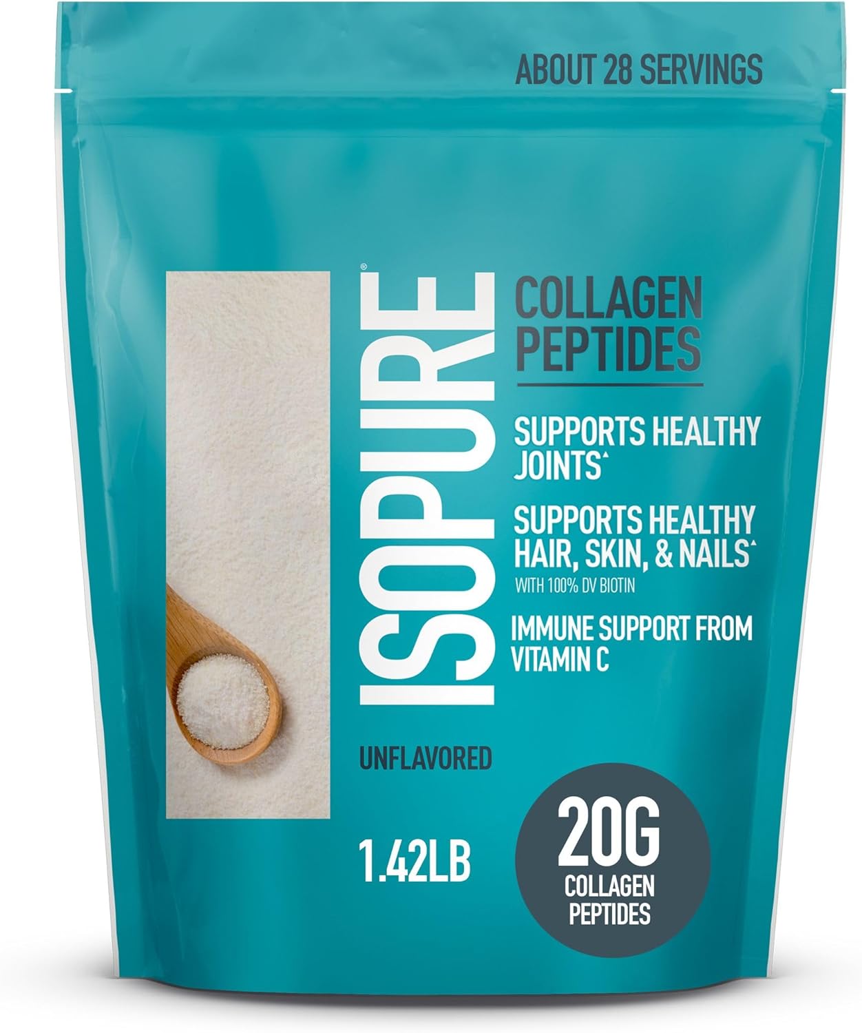 Isopure Collagen Peptides Powder - Lactose & Gluten Free, Vitamin C Enriched, Unflavored - 20g Per Serving - 1.42 Lb Jar - 28 Servings