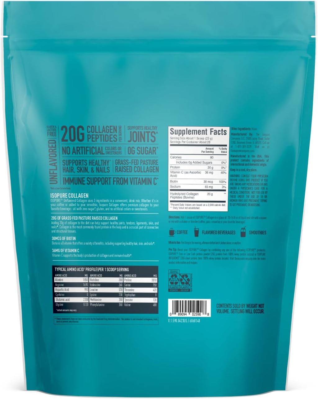 Isopure Collagen Peptides Powder - Lactose & Gluten Free, Vitamin C Enriched, Unflavored - 20g Per Serving - 1.42 Lb Jar - 28 Servings