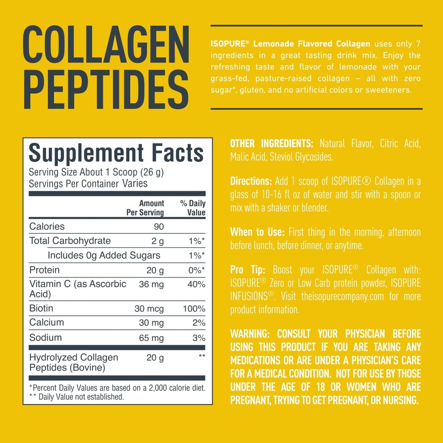 Isopure Collagen Peptides Powder with Vitamin C and Biotin - Lemonade Flavor, Supports Hair, Skin, Nails, and Joints, 14 Servings